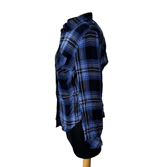 Blue & Black Plaid Button-Up Long Sleeve Shirt By Lola River Size M - Picture 2 of 10